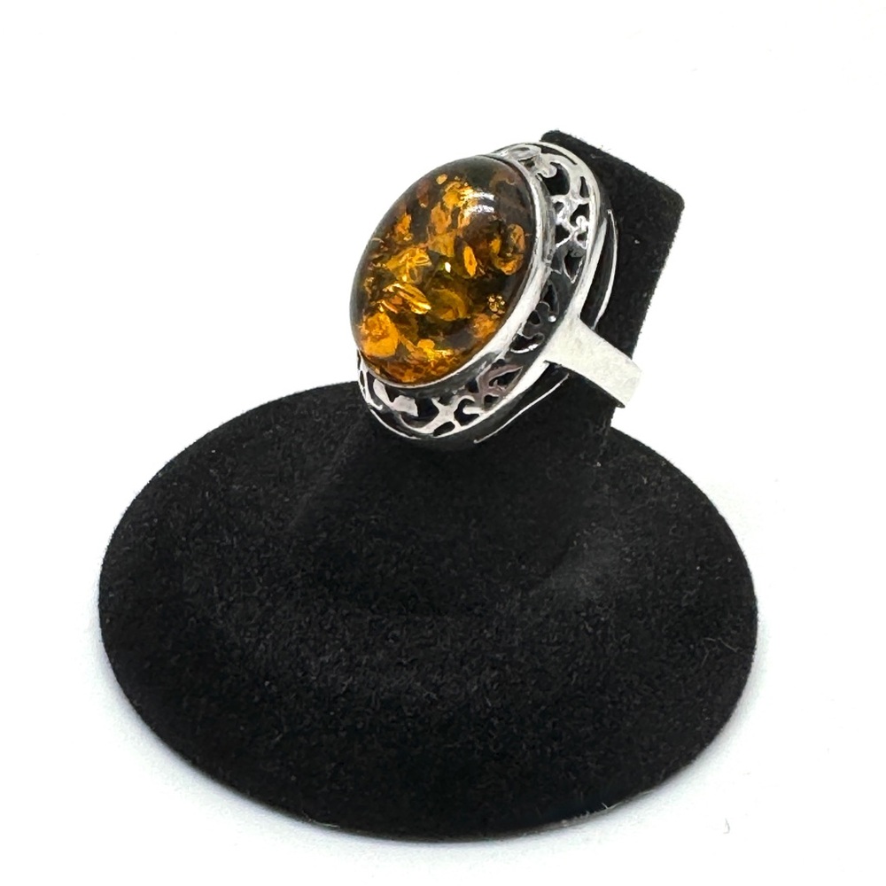 Valerio Sterling Silver and Baltic Amber Statement Ring Size 6